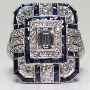 Ladies cocktail ring, Silver, Blue, & CZ,